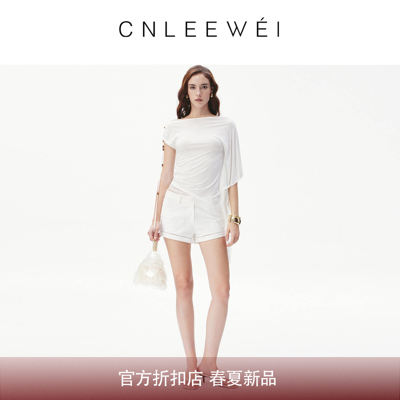 CNLEEWEI 26春夏新款简约百搭飘绳珠子一字领不对称蕾丝飞边上衣