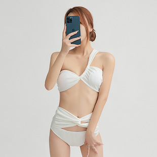 跨境泳衣女性感女纯色不规则斜肩性感比基尼分体二件套高腰裤