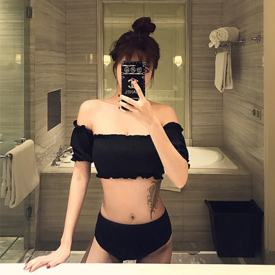厂家直销网红张子萱王柳雯同款泰国分体泳衣女一字肩抹胸性感半袖