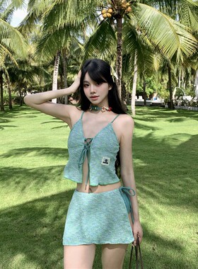 特价小众超仙时尚甜辣遮肉小胸分体裙式比基尼游泳衣小清新绿色显