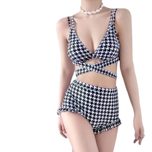 跨境泳衣女分体平角绑带千鸟格bikini新款2022温泉游泳装厂家