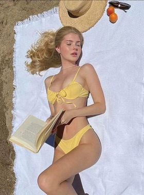 特价ins同款黄色三点式比基尼钢托小胸聚拢分体高叉游泳显白度假