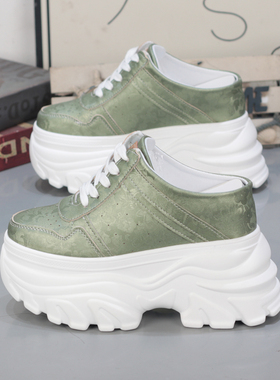 增高显瘦10cm女拖鞋小白鞋超高12cm厚底绿色印花包头无后跟半托女