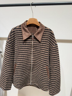 深圳主z原创品牌2025新款 百搭显瘦气质条纹羊绒双面呢外套 冬时尚