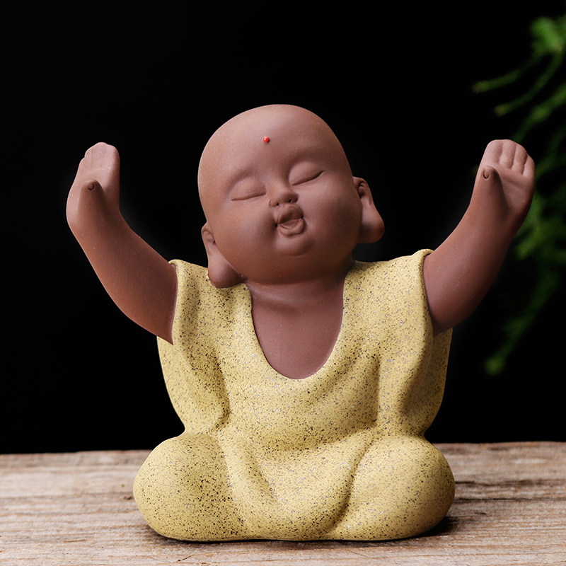 精品紫砂小和尚茶宠茶道摆件陶瓷禅意小沙弥笔托笔架家居饰品摆件