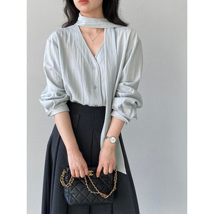 江左 柔焦衬衫 韩系温柔风系带v领百搭衬衫女春简约气质小衫6399