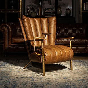 中古风锻打酋长椅复古美式油蜡真皮沙发椅子客厅教父雪茄椅老虎椅