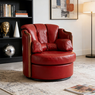 中古轻奢旋转休闲椅茶桌主人椅转椅书房客厅头层油蜡真皮单人沙发