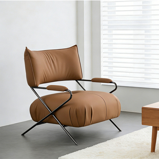 意式极简全真皮休闲椅设计师创意不锈钢单人沙发椅办公会客接洽椅