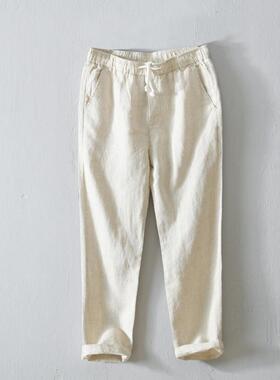 L8104简约新款纯色直筒裤男士青年系绳休闲裤纯亚麻透气九分裤潮