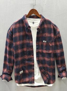 Z713男士秋季新款格子休闲衬衫青年翻领长袖宽松格纹外套时尚经典