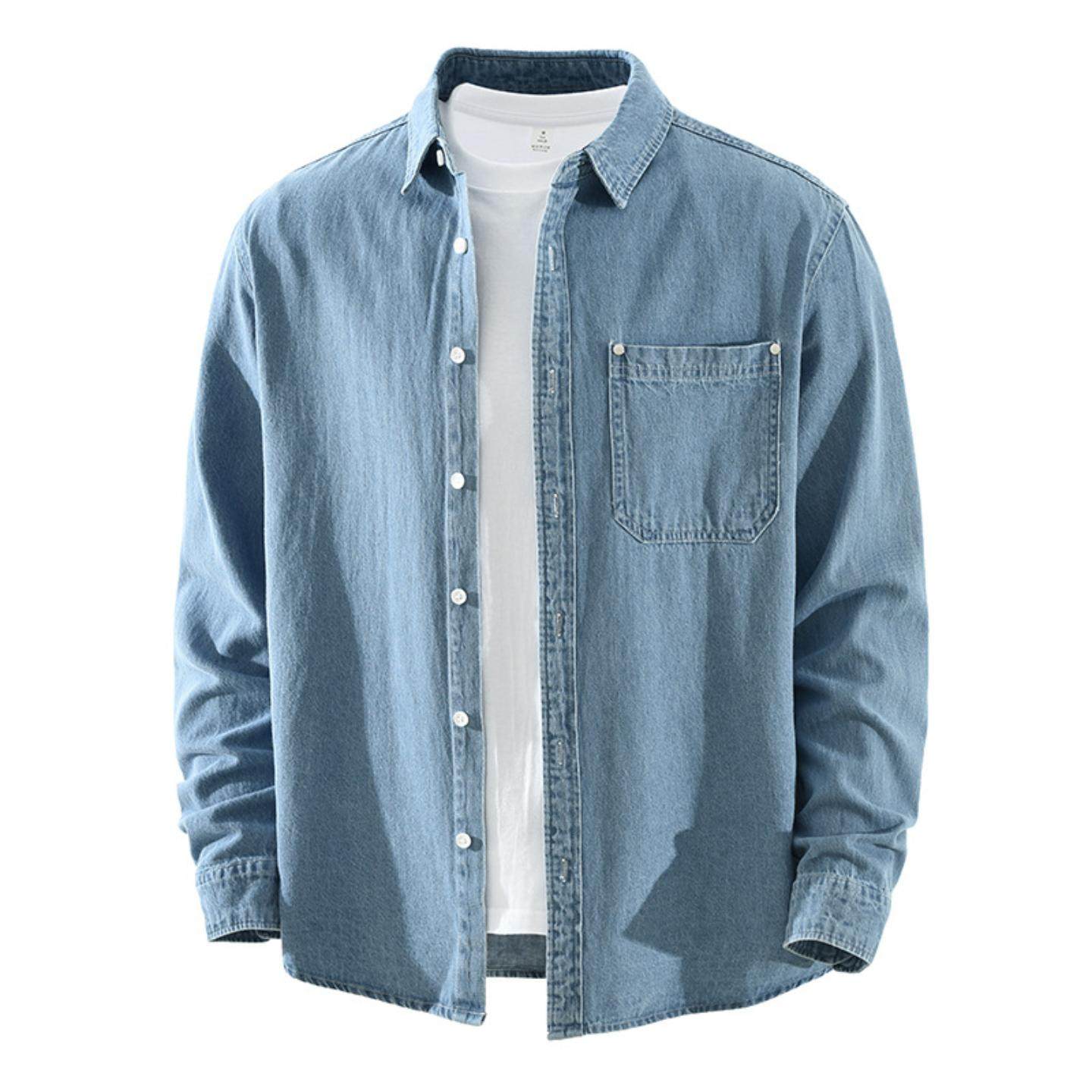 7918日系牛仔潮流长袖衬衫男士翻领时尚百搭文艺休闲宽松纯色上衣,男装,牛仔衬衫,淘宝优惠券,粉丝福利购,淘宝优惠卷