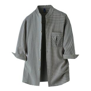 休闲衬衫 T9040美式 潮牌条纹提花立领男士 七分袖 青年潮流衬衣 春季