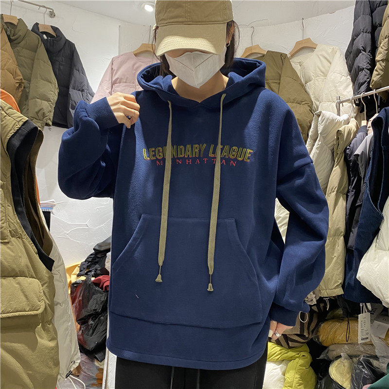 TYJR冬季新款TY1980韩版宽松字母刺绣口袋加绒加厚连帽卫衣女3589