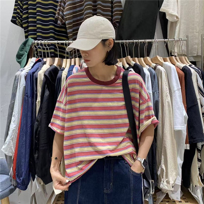 TYJR夏季新款宽松条纹短款T恤女