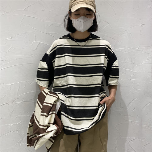 TYJR宽松韩版圆领短袖条纹T恤女