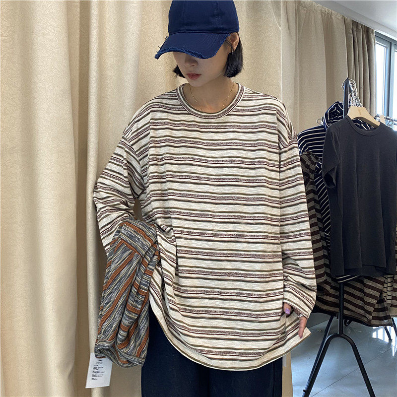 TYJR秋季新款女装2024韩版宽松圆领慵懒风长袖条纹T恤女上衣97758