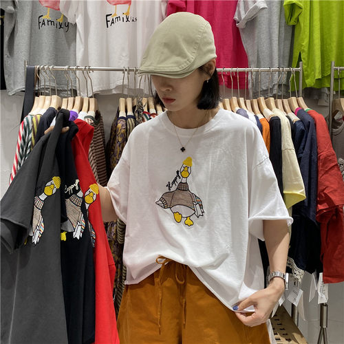 TYJR夏季新款宽松刺绣短款T恤女
