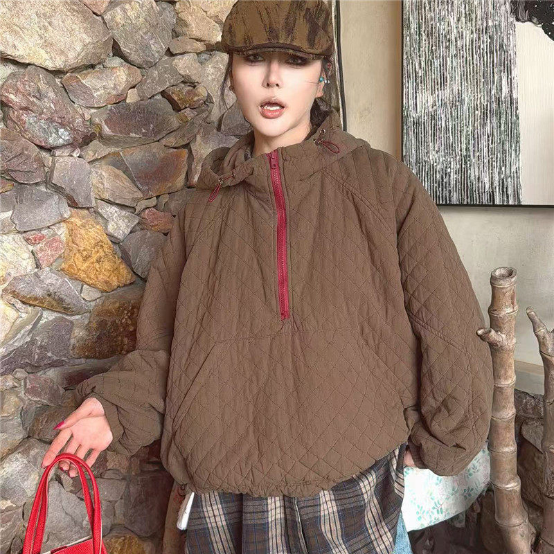TYJR冬季2025新款韩版宽松时尚菱格连帽夹棉外套棉衣棉服女53871