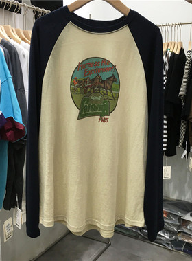 2% twopercent秋季新款韩版圆领宽松拼色插肩袖印花长袖T恤女上衣