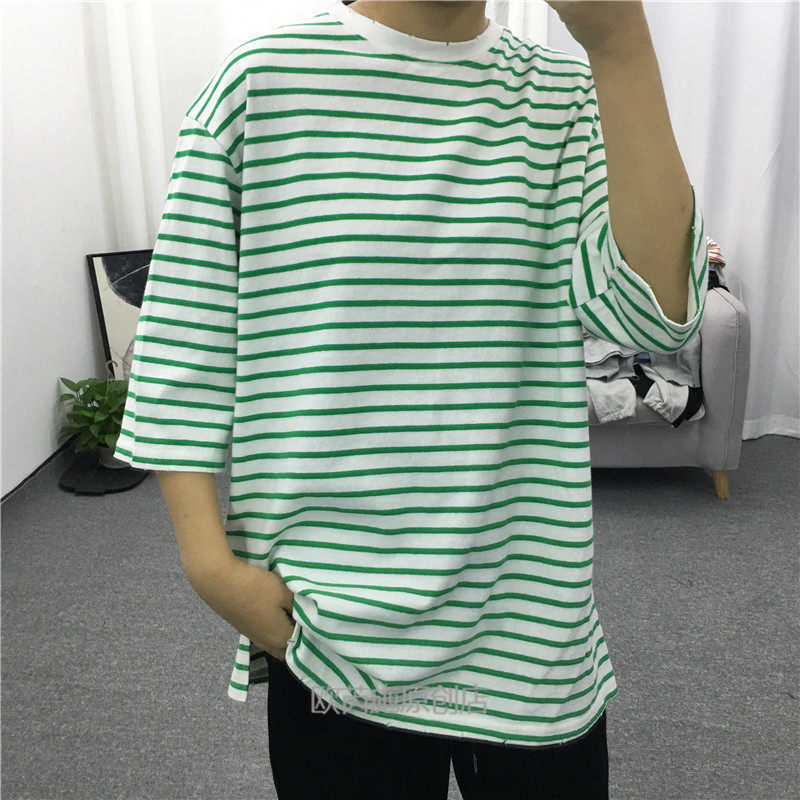 Tang 春夏新款韩版圆领中袖开叉bf慵懒风宽松条纹T恤女上衣6806