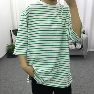 圆领中袖 韩版 开叉bf慵懒风宽松条纹T恤女上衣6806 春夏新款 Tang