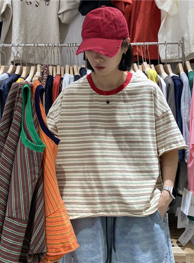 TYJR 夏季2025新款韩版宽松短袖圆领时尚条纹短款T恤女上衣55293