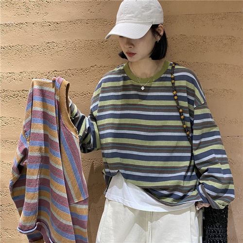 TYJR韩版宽松圆领条纹T恤女上衣