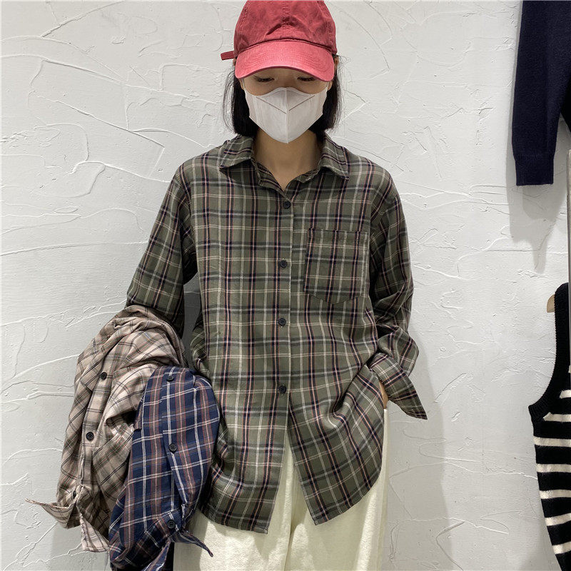 TYJR韩版宽松长袖格子衬衫女春款
