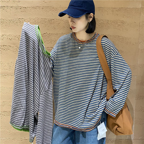 TYJR韩版宽松圆领条纹长袖T恤女