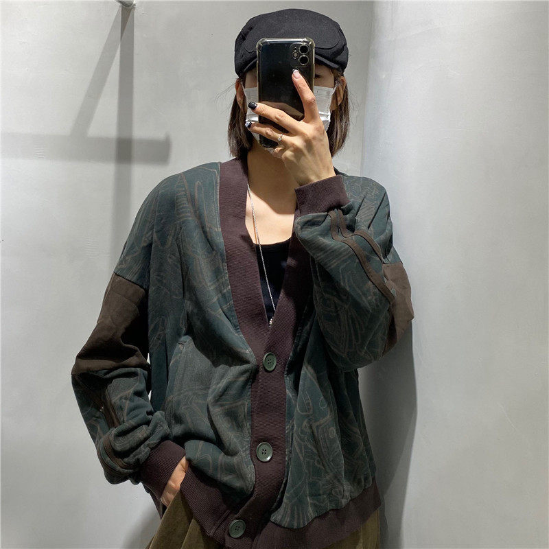 TY1980拼色开衫印花卫衣女外套