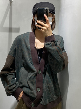 TY1980早春新款2022韩版V领长袖拼色印花开衫卫衣女短外套215258