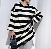 春秋新款 女装 韩版 Tang 圆领七分袖 宽松大码 中长款 条纹T恤女9626