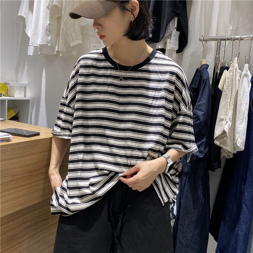 TJR宽松条纹短袖T恤女2024新款