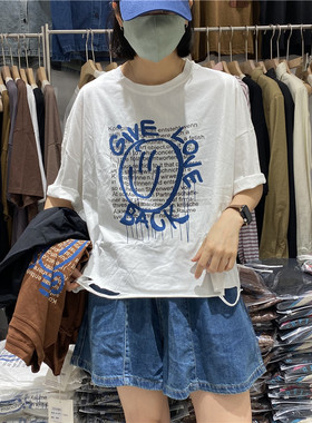 TY1980夏季新款2023韩版宽松短袖时尚破洞印花短款T恤女上衣86281