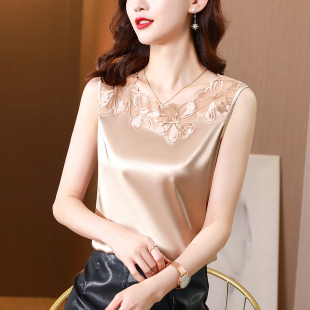 大码 夏季 打底衫 缎面v领无袖 外穿上衣 桑蚕丝吊带背心女士内搭西装