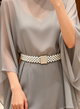 珍珠腰带配饰女2026装饰连衣裙配西装小香风腰链松紧弹力腰封白色