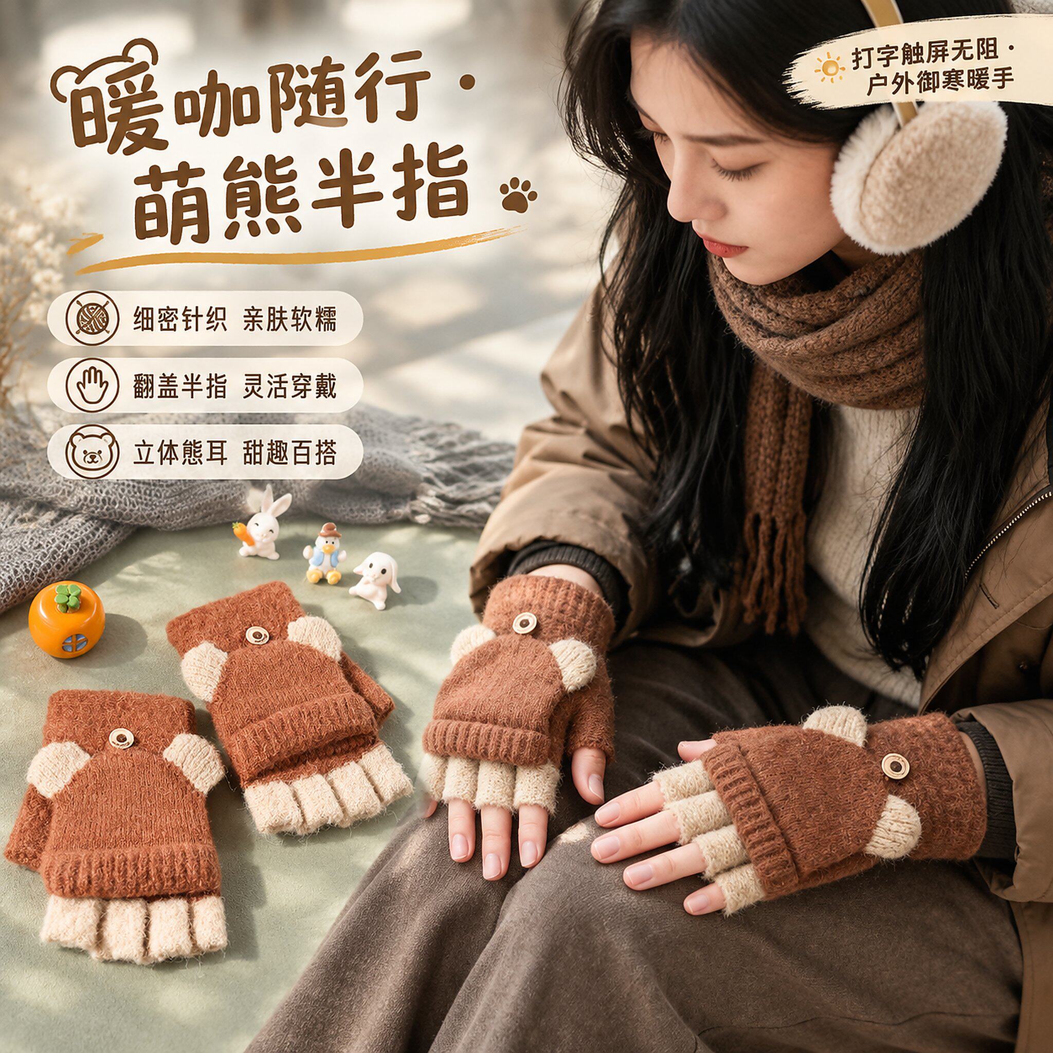 女生可爱卡通针织保暖手套秋冬半指翻盖办公触屏打字露指两用手套