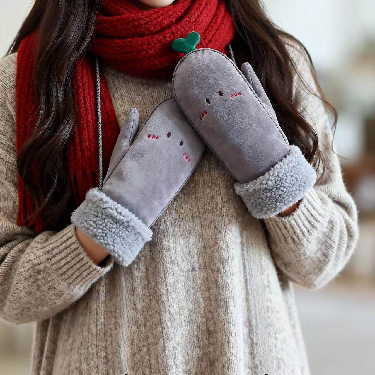 韩版麂皮绒防风防寒连指手套挂脖女学生可爱冬季加绒加厚全指手套