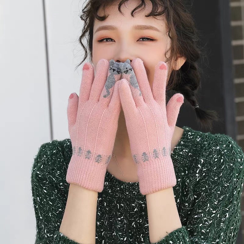 2025冬季户外可爱学生触屏加绒加厚棉针织五指毛线手套冬天女保暖