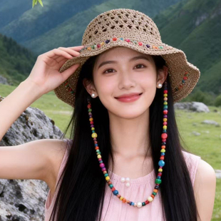 夏季手工编织草帽女款透气遮阳帽防晒防紫外线高级感超好看渔夫帽