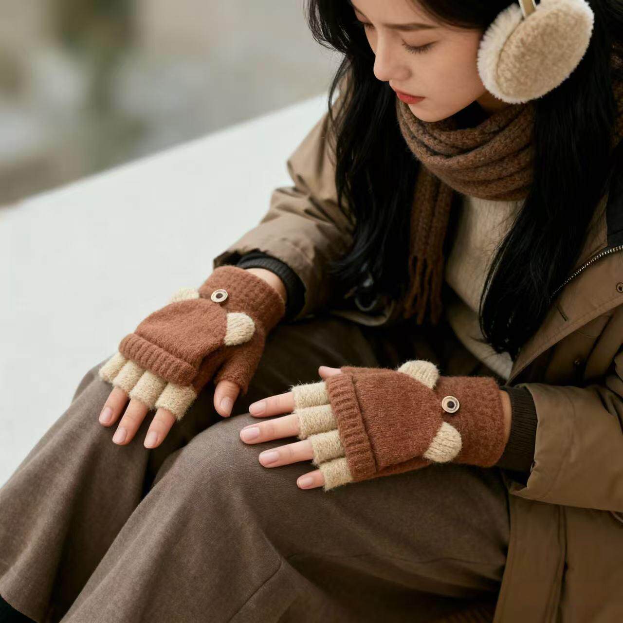 露指手套冬季学生韩版写字办公保暖加厚可爱卡通半指翻盖手套棉女