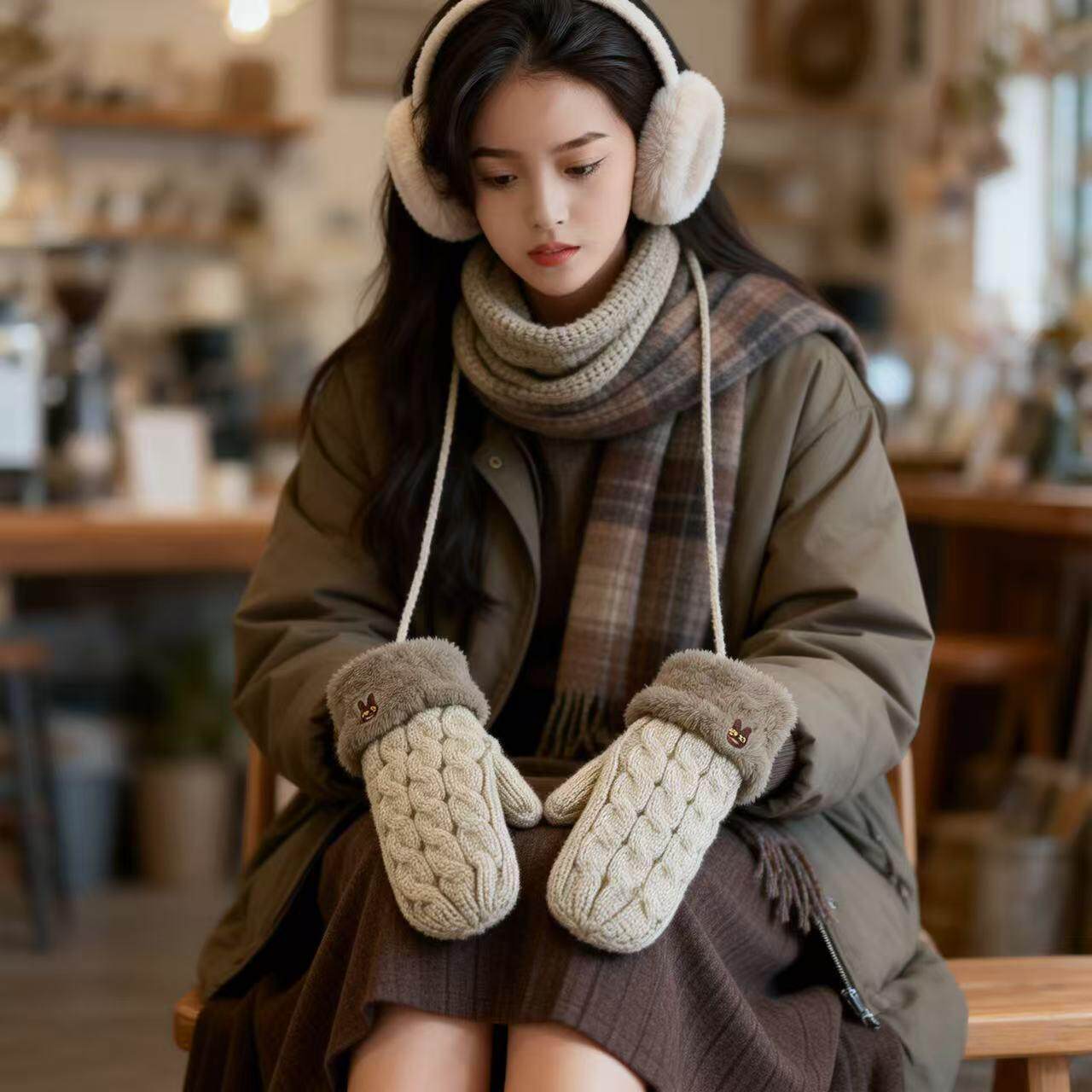 2026秋冬新款针织加绒加厚全包连指保暖防寒手套挂脖女士毛线手套