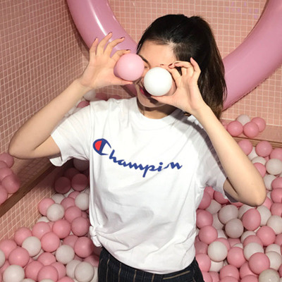 正品代购Champion T-Shirt 日版草写字母男女款短袖T恤紫色基础款