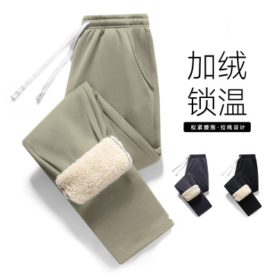 羊羔绒裤子男冬季加绒男士休闲裤加厚宽松运动裤黑色男款潮流