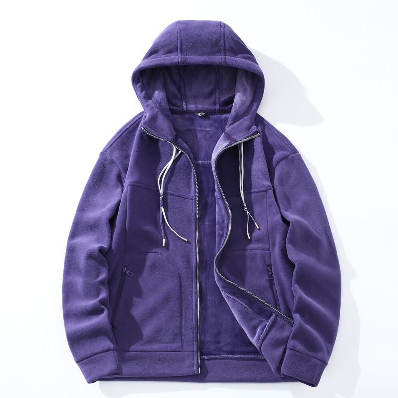 秋冬季珊瑚绒女款抓绒衣男士连帽防风保暖加绒加厚情侣上衣外套男