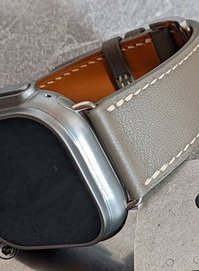 适用海军蓝色表带真皮苹果AppleWatch87SE654ultra手工男女牛皮黑