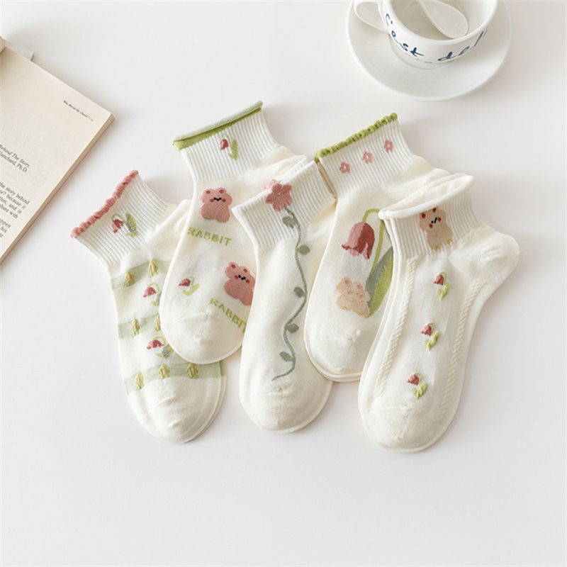 5双6.9袜子女短袜浅口春夏季纯棉网眼薄款ins潮日系花边低帮船袜