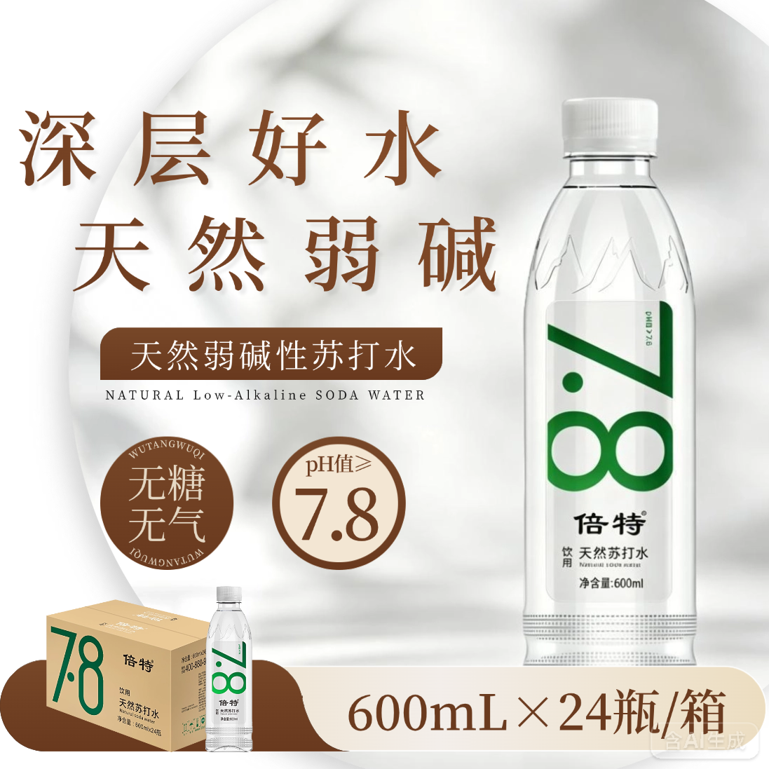 倍特天然苏打水600ml弱碱性整箱24瓶无糖无气零添加瓶装饮用孕妇