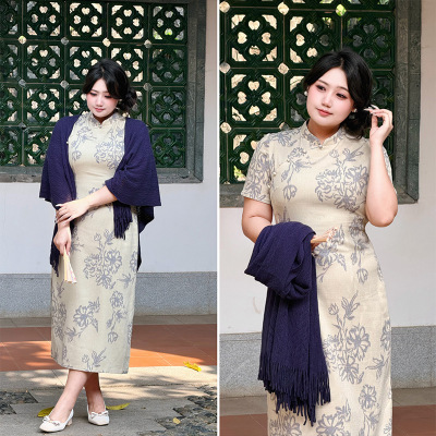 52243新中式国风文艺古法印花裙2026女夏季新款收腰显瘦大码旗袍